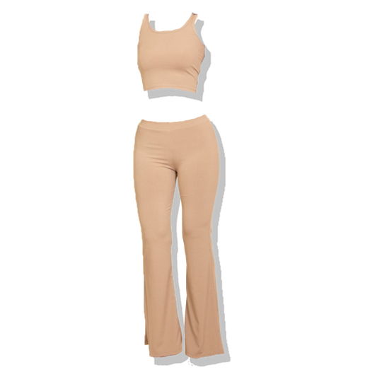 Ribbed Sleeveless Crop Top & Flared Pants Set